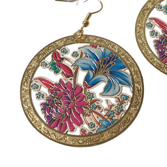 Handmade By Donovan Earrings Boho Dangle Thin Metal Artisan Floral - Picture 2 of 6